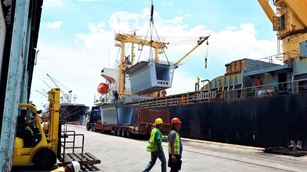 Loading segments onto the ship.