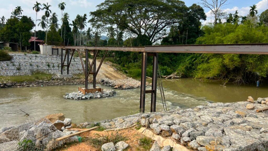 Temporary bridge constructed to facilitate beam segment launching operations.